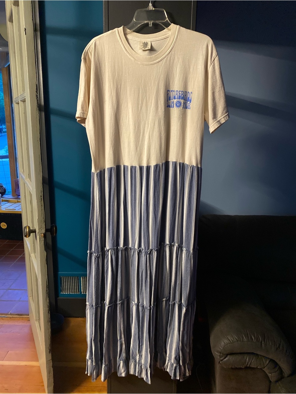 OOAK Upcycled Futurebirds Band Tee Two-Tone Blue & Cream Maxi Tee Dress